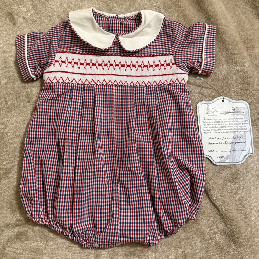Remember Nguyen Baby Boys Gingham Smocked Bubble Romper Red Blue White 6M NWT